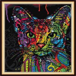 Colorful Cat home decor diy artwork kit Handmade Cross Stitch Craft Tools Embroidery Needlework sets counted print on canvas DMC 241t