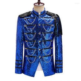 Men's Suits Military Style Men Sequin Blazer With Chains Stand Collar Triple-Breasted KPOP Same Stage Performance Suit Jacket