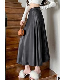 Skirts Qiukichonson Maxi Long Women Gothic Lolita Autumn Winter High Waist Pu Skirt Ladies A-Line Ruffle Pleated Black