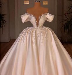 Luxury Church Wedding Dress For Women 2024 Off the Shoulder Pearls Satin Puffy Bridal Gown Arabic Dubai Vestidos De Novia