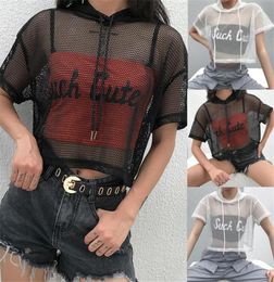 Women039s TShirt Womens Hollow Mesh Net Hooded Short Sleeve Tee Tops Transparent Black Fishnet Sexy Clubwear Party Crop Top9549851