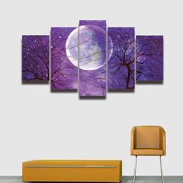 5 Panel Canvas Painting Moon Purple Landscape Prints Modular Picture Poster Artwork for Wall Art Home Decor Living Room Bedroom247H