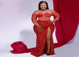 2022 Aso Ebi Arabic Style Mermaid Prom Dresses Red Sequins Long Sleeves Front Split Lace Appliques Plus Size Formal Evening Occasi3848255