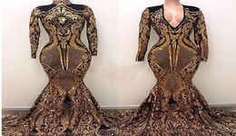 Yousef Aljasmi High Neck Evening Dresses Black And Gold Sweep Train Luxury Mermaid sparkly sequins applique Long Sleeve prom Gowns5128535