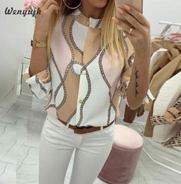 Wenyujh 2019 Autumn Casual Blouse Women Elegant Top Female ONeck Basic Shirt Adjustable Sleeve Chains Print Button Blouses2682119