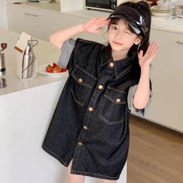Girl Dresses 2024 Spring Girls Short Sleeved Denim Skirt Retro Loose Dress Trendy Cool Casual Fashionable And Cute