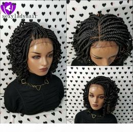 Handmade Kinky Curly box Braids Wig black brown blonde ombre Colour short braided lace front wig for africa women8676085