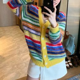 JIAMI Mohair Striped Buttoned-up Women Cardigan V-Neck Fuzzy Multicolor Rainbow Colour Sweater Autumn/winter In Ribbed Cuffs 240228