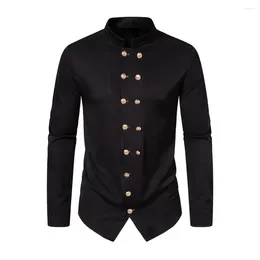 Men's Casual Shirts Men Vintage Shirt Elegant Double-breasted With Stand Collar Slim Fit Formal Top For Sophisticated Style Comfort