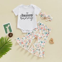 Clothing Sets Baby Girl Easter Outfit Short Sleeve Romper Bell Bottom Pants Headband Set 3Pcs Clothes