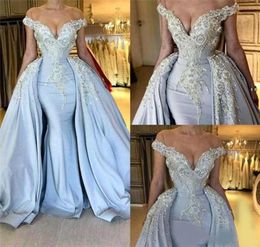 2023 Light Blue Mermaid Evening Dresses Lace Applique Beaded Sequins with Overskirt Designer Floor Length Custom Made Formal Occas3426308