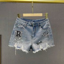 Women's Shorts Hot Diamond Loose Denim Shorts Fashion Summer Waist Hole Short Jeans Burrs Hem Sexy Hot Pants ldd240312