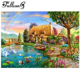 FULLCANG 5d diamond mazayka lakeside cottage diamond painting diy full square round drill rainbow landscape picture FC1489275R