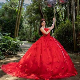 Red Shiny Ball Gown Quinceanera Dresses 3D Flowers Appliques Lace Corset Vestidos De 15 Anos Birthday Princess Gowns