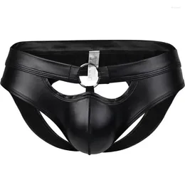 Underpants Faux Leather Mens Briefs Sexy Underwear Male PU Hollow Open Back Jockstrap Erotic Hoop Ring