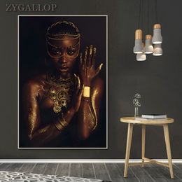 African Woman Posters and Prints Black and Gold Women Oil Painting On The Wall Modern Art Canvas Picture for Living Room Cuadros206L