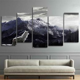 Cool HD Prints Canvas Wall Art Living Room Home Decor Pictures 5 Pieces Snow Mountain Plateau Wolf Paintings Animal Posters Framew284x