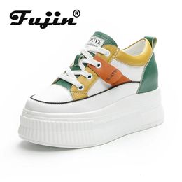 Fujin 6cm est Genuine Leather Hidden Heel Platform Wedge Chunky Sneakers Winter Autumn Women Lace Up Mixed Colour Comfy Shoes 240228