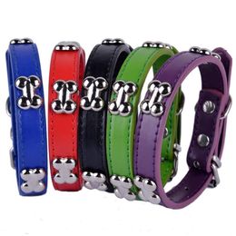 Pu Leather Dog Collar Bone Shaped Studded Collars For Small Dogs Puppy Pet Supplies Red Black Purple Colours Size S M L2553