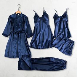 Women's Sleepwear Silk Pajama Set Elegant Silky Satin Lace Patchwork Pajamas With Lace-up Waist 5 Piece Nightgown Top For Comfortable