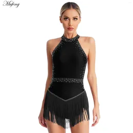 Stage Wear Women Girls Latin Jazz Dance Dress Sleeveless Rhinestone Sequin Tassel Leotard Bodysuit Costume For Cha-cha Samba Performance