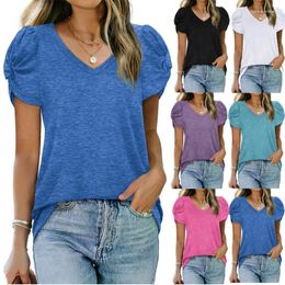 Women's T Shirts 2024 Summer Top V-Neck T-Shirt Casual Pullover Solid Colour Short-Sleeve Fashion Clothing Simple Style