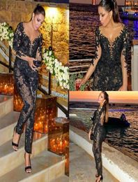 2019 Plus Size Prom Dresses Black Long Sleeve Women Jumpsuits Sheer Lace Applique Beaded Evening Gowns Cocktail Party Dresses Cust4166275