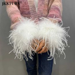 Protective Sleeves Womens Wide Long Ostrich Feather Fur Cuffs 100% Real Feather Detachable Sleeve Wristband Warmer S4647 L240312