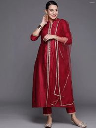 Ethnic Clothing Women's Red Silk Cotton 3-piece Set With Front Slit Embroidery For Pakistani Dress Suit