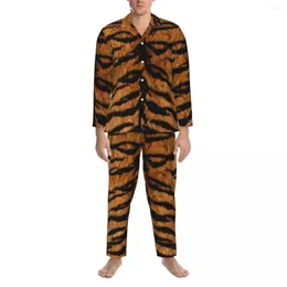 Men's Sleepwear Unique Tiger Print Pyjamas Set Autumn Wild Animal Fur Soft Leisure Couple 2 Pieces Casual Oversized Design Nightwear