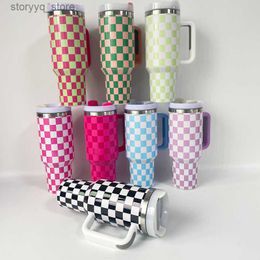 Mugs 40oz Tumblers Cups With Handle Insulated Stainless Steel Tumbler Adventure Quencher Lids And Straw Plaid Car Vacuum Water Bottles Coffee Y2 L240312