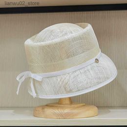 Wide Brim Hats Bucket Hats High-quality concave top hemp yarn material bow decoration fishermans hat female retro simple beach sun basin hat Q240312