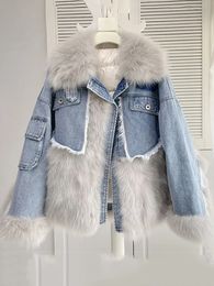 KBAT 2024 Women Winter Denim Jacket Oversize Large Fur Collar Plus Velvet Jacket Detachable Thick Loose Warm Bomber Jean Coat 240301