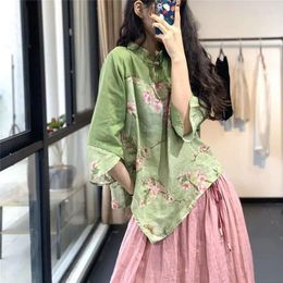 Women's Blouses Summer Shirts Retro Stand Neck Printed Blouse Chinoiserie Colour Spliced Thin Irregular Loose Shirt Top Women Clothing
