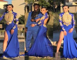 Sexy Open Back Royal Blue Mermaid Prom Dresses Gold Lace Appliqued Beaded High Collar Long Sleeve Side Slit Black Girls Evening Pa5791872