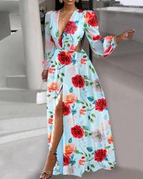 Casual Dresses Fashion Women's Dress Oversized Puff Sleeve Deep V Neck Floral Print Plunge Cutout High Waist Slit Maxi Female Clothing