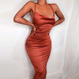 Womens Tie Up Sexy Dresses Backless Spaghetti Straps Solid Color Mid Length Skirt Satin Surface Retro Dress