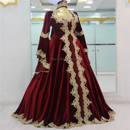 Traditiona Kaftan Marroquino Vestido de Noiva 2024 Borgonha Mangas Bufantes Árabe Dubai Vestidos de Noiva Apliques de Ouro Vestido de Noiva Turco Vestios Novia Robes De Mariee 2024