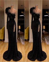 2020 New Black Sexy Sequined Evening Dresses Beaded Feather Mermaid Prom Dress High Split Formal Party Second Reception Gowns3526539