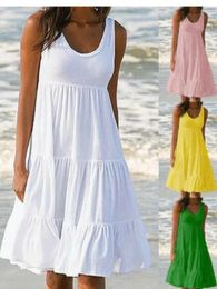 Oversized O Neck Sleeveless Ruffles Loose Beach Dres Boho Solid Color Plus Size Elegant Sundress Club Party Vestidos 240308