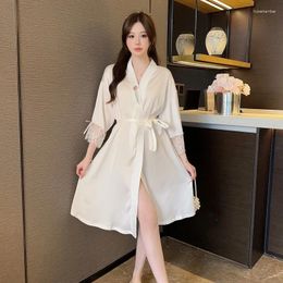 Women's Sleepwear 2024 Summer Sexy Short Sleeve Silk Satin Robes For Women Korean Cute Lace Bathrobe Nightdress Homewear Night Dress