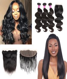 Brazilian Virgin Hair Straight Human Hair Weaves With Frontal Kinky Curly Remy Hair Bundles with Closure Accessories Extensions Wh8277181