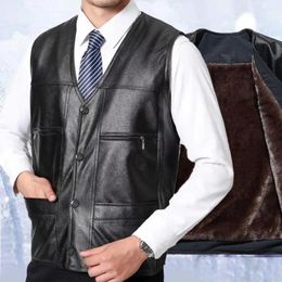 Men's Vests Men Faux Leather Vest Mid-aged Winter With Plush Lining Multiple Pockets For Warmth Style Father