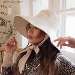 Wide Brim Hats Bucket Summer and Spring Japanese Tie Hat Womens Korean Big Fisherman Foldable Sun Protection Fashion Cotton Linen Beach Q240312