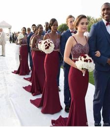 Sexy Burgundy Long Mermaid Bridesmaid Dresses Spaghetti Straps Lace Appliques Beading Belt Bohemia Maid of Honor Dress Party Gowns8971176