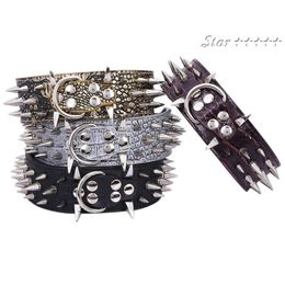 Whole-2inch Wide Sharp Spikes Studded Horn Nails Leather Dog Collars For Pitbull Mastiff SIZE M L 2178