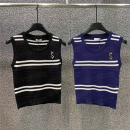 Striped Knits Tees Letter Embroidery T Shirts Womens Fashion Sleeveless Knitted Vest Short Style Tank Top For Lady