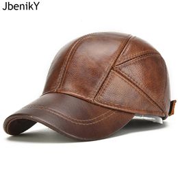 Brand Men Casual Real Leather Earflap Cap Men Real Cowhide Leather Caps Male Fall Winter Genuine Real Cow Leather Baseball Hats 240220