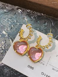 Dangle Earrings Brass Zircon Pink Heart Women Jewelry Punk Designer Runway Rare Simply Gown Boho Japan Korean