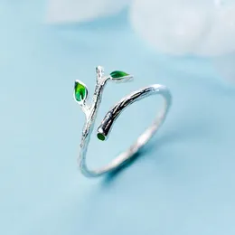 Cluster Rings 925 Sterling Silver Plant Open Ring For Woman Girl Simple Branch Drop Glaze Leaf Design Jewellery Party Gift